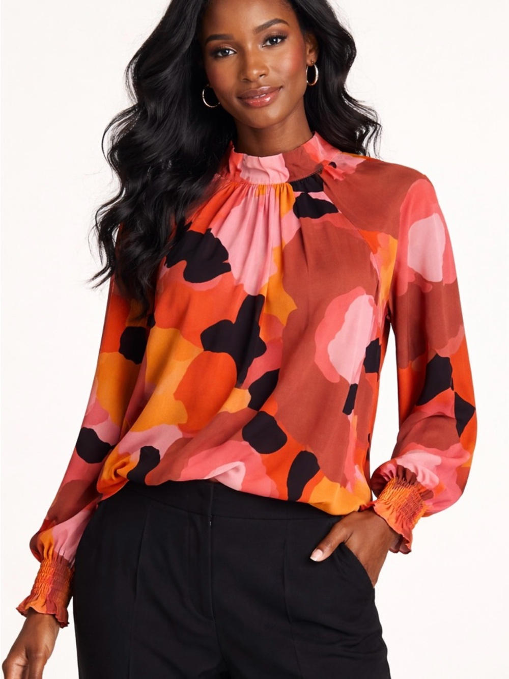 Dr 2 Printed Mock Neck Long-Sleeve Blouse in Multi Pink & Orange